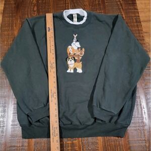 Vintage Dog Sweatshirt Size XLarge Green Fleece Crewneck Embroidered Puppy